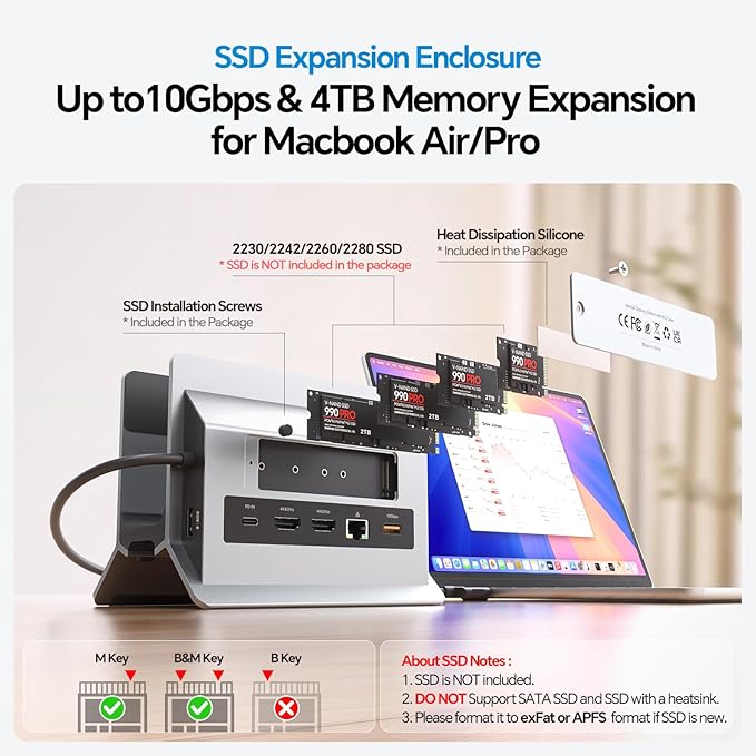 MacBook Docking Station Dual Monitor Vertical Mac Laptop Docking Station Dock Stand with 2 HDMI 4K@60Hz USB A/C 10Gbps PD Ethernet USB 2.0 SD/TF Compatible with MacBook Pro Air M3 M4 M5