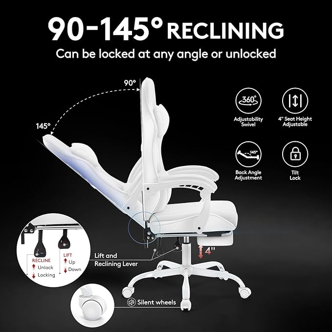 White Gaming ChairComputer Office Chair with FootrestMassage Lumbar Support and Gel PadErgonomic Reclining Adjustable Leather Gamer Chair with Headrest and Spring Cushion White
