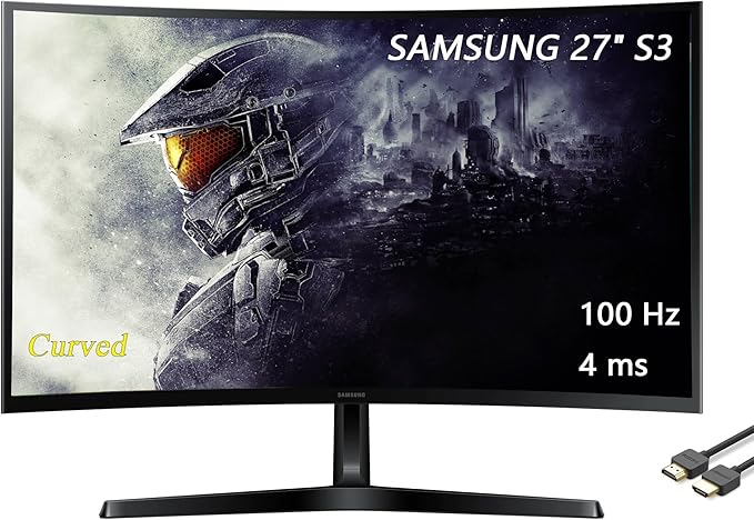 Samsung 27 Essential S3 Series FHD LED Curved Monitor 1800R Game Mode 100Hz Refresh Rate Dual Ports Eye Comfort Black with HDMI Cable