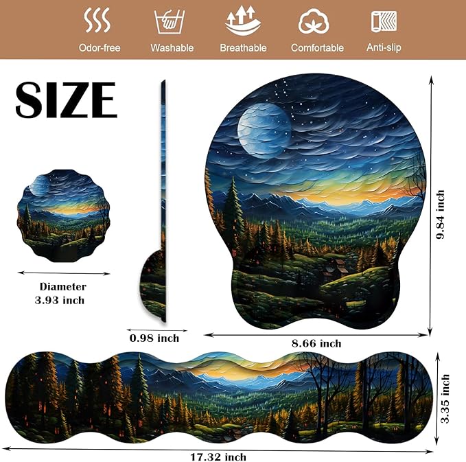 Keyboard Wrist Rest and Mouse Pad Wrist Support with Lace-Shaped Coaster Set Ergonomic Gel Memory Foam and Anti-Slip Base Easy Typing and Pain Relief - Art Moon Starry Night