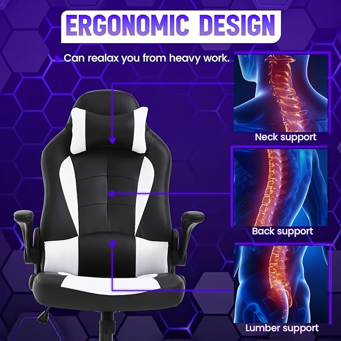 PC Gaming Chair - Ergonomic Height Adjustable Massage Office Chair with 360 Swivel Wide Seat and Headrest - White