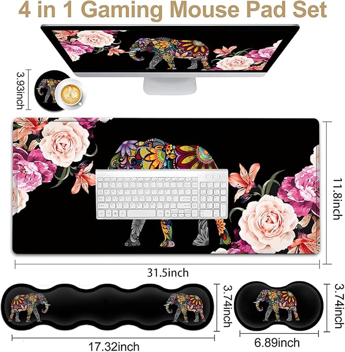 Gaming Mouse Pad XXL Large Desk Mat Non-Slip Rubber Mice Stitched Edges(31.5x11.8 in) Ergonomic Memory Foam Keyboard Wrist Rest Cute Funy Anime Cartoo Colorful Elephant Black Extended Mouse Pad Set