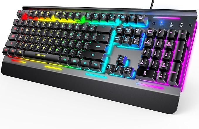 TECKNET Gaming Keyboard USB Wired Computer Keyboard 15-Zone RGB Illumination IP32 Water Resistance 25 Anti-ghosting Keys All-Metal Panel (Whisper Quiet Gaming Switch)