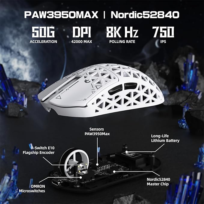 MAMBASNAKE M5 Ultra Carbon Fiber 8KHz Wireless Gaming MousePAW3950 Sensor 42K DPI39g Lightweight Tri-Mode 2.4GHz/BT/Wired Computer MiceWeb Driver Supportfor Win/Mac/FPS/MOBA/Esports-White (A)