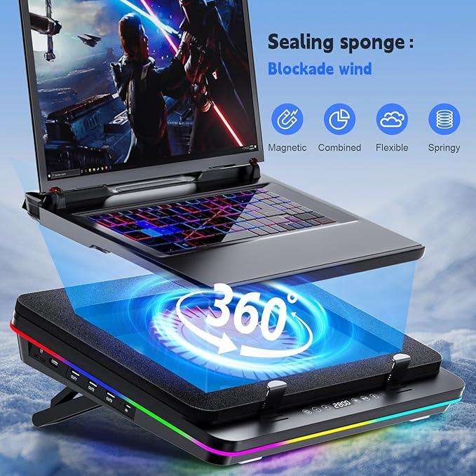 GT600 RGB Laptop Cooling Pad Equipped with Gigantic Turbo-Fan（5.5inch Diameter）Sealed Foam for Rapid Cooling Gaming Laptop14.1-19.3 inch Laptop Cooler with 3-Port USB HubDust Filter