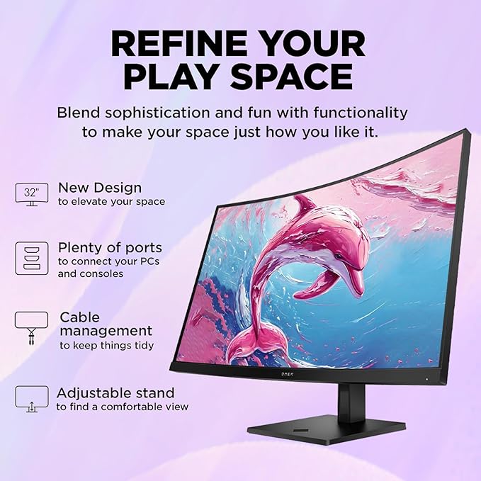 HP OMEN 32c Curved Gaming Monitor - 31.5-inch QHD (2560 x 1440) VA Display 165Hz Refresh Rate 1ms Response Time AMD FreeSync Premium 99% sRGB Adjustable Stand for Console and PC Gaming - Black