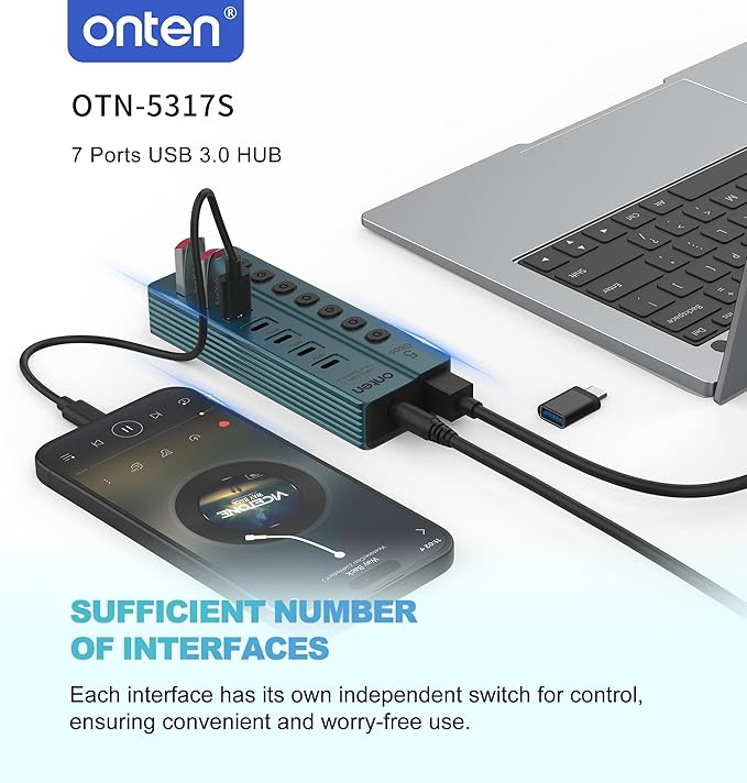 Onten OTN - 5317S 7 - Port USB 3.0 Hub 5Gbps High - Speed Data Transfer Independent Switches Wide Compatibility for Laptop Pad Phone Game Console