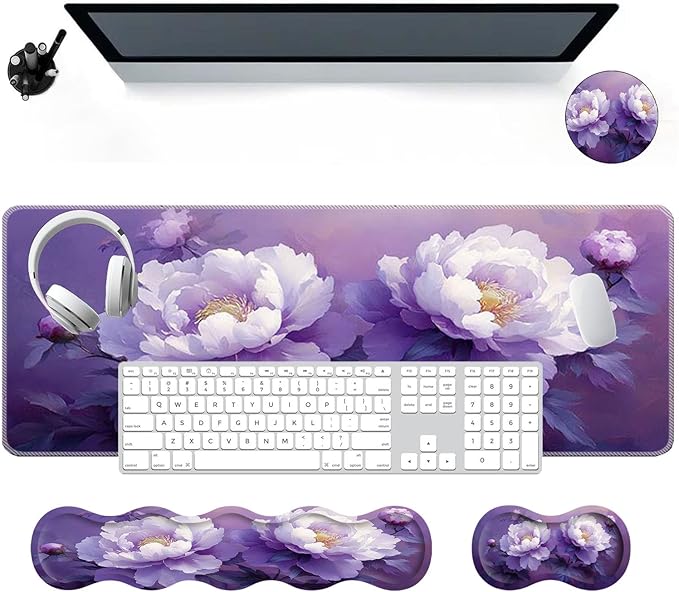 Large Mouse Pad Wrist Support SetDesk Pad+Keyboard Wrist Rest+Mouse Pad Wrist Support+Coaster4in1 XXL Big MousepadErgonomic Design Gaming Mat for Home Office TablePeony