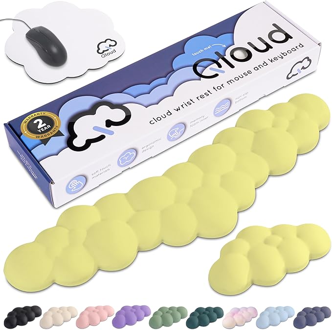 Qloud Cloud Wrist Rest Keyboard Wrist Rest for Computer Keyboard Pad Cloud Keyboard Wrist Rest Wrist Pad for Keyboard Memory Foam Non Slip Base Comes with Mouse Pad - Yellow