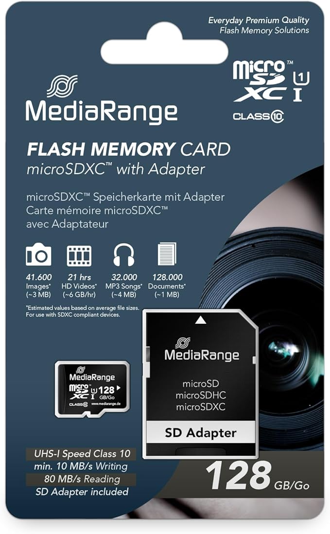 MediaRange Micro SDXC Memory Card with SD Adapter 128GB - Speed Class 10 Read Speed up to 80 MB/s External Data Storage for Mobile Devices Such as Digital Cameras or Smartphones