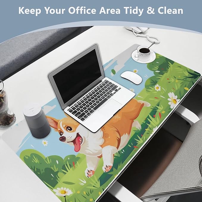 Mouse Pad Desk Mat Leather Desk Pad Large Gaming Desk Cover Protector Mat for Keyboard Computer Laptop Office Waterproof 35.4 x 16.5 Inch Cute Corgi Dog Floral