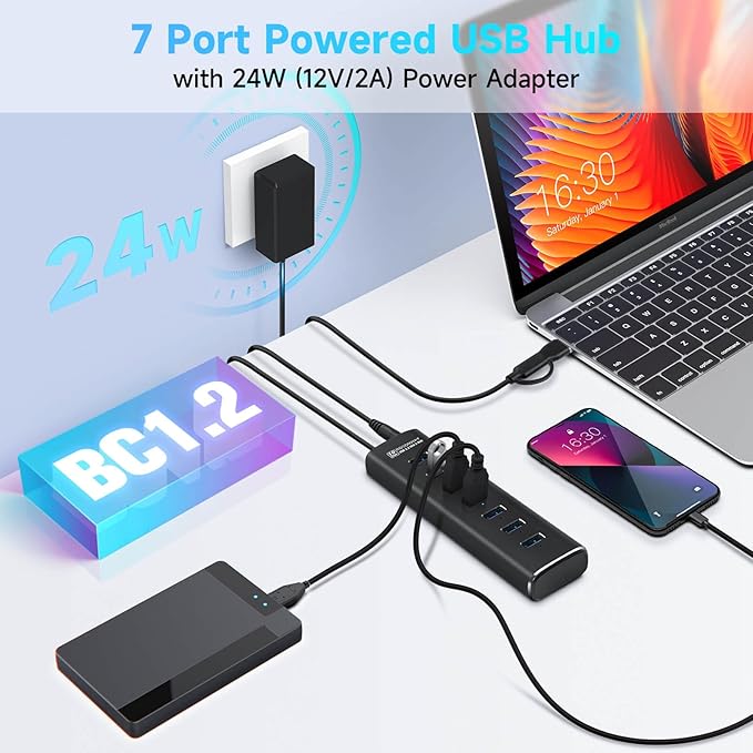 Powered USB Hub Rosonway 7 Ports USB 3.1/3.2 Gen 2 Hub 10Gbps with 3.3ft USB-A/USB-C Data Cable Individual Switches and 24W Power Adapter Aluminum USB C Hub for Laptop and PC RSH-A107