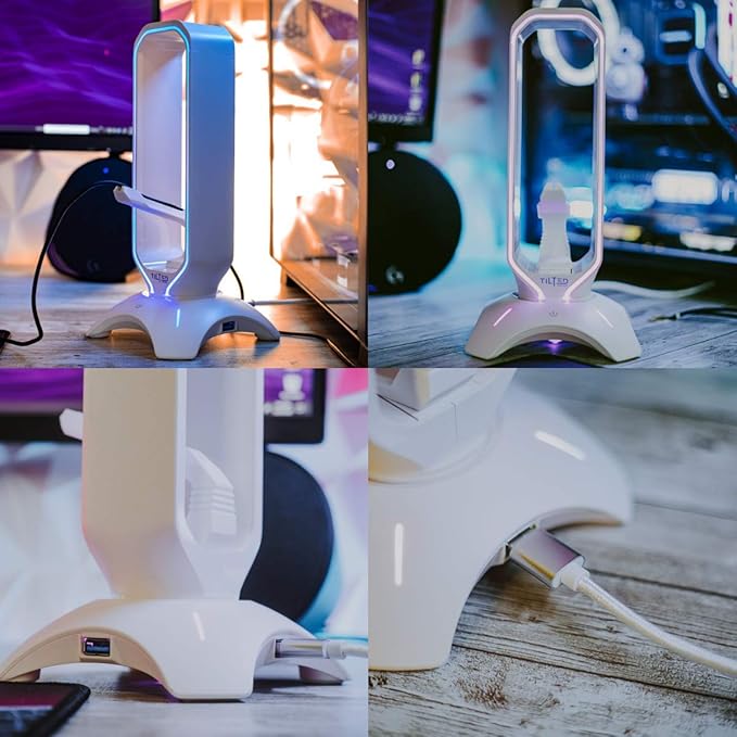 Tilted Nation Gaming Headphone Stand | RGB Headset Stand White | Headset Holder for Desk with Mouse Bungee and USB Hub | The Ultimate Gaming Accessories for Gamers for PS5 Xbox PC - White