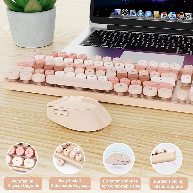 Wireless Keyboard and Mouse Full-Size Typewriter Keyboard with Retro Round Keycaps Ergonomic Design Compatible with Windows PCs Ideal for Home and Office. (Milk Tea)