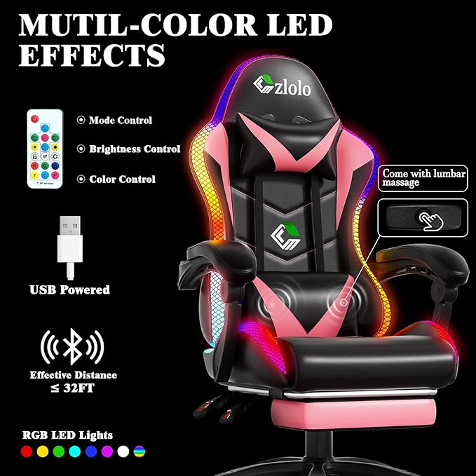 Gaming Chair RGB LED Lights Computer Chair with Footrest Lumbar Support Massager Gamer Chair High Back 90-135° Reclining Linkage Armrests Pink