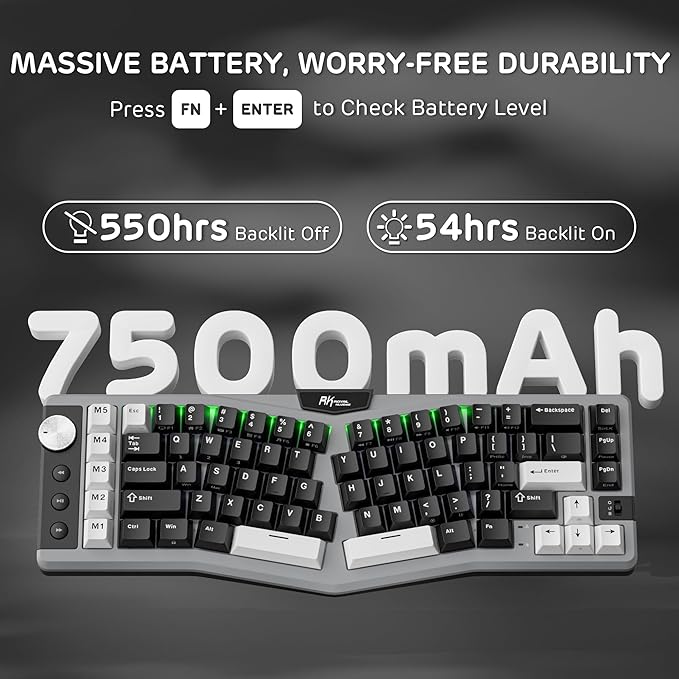 RK ROYAL KLUDGE A72 Alice Ergonomic Wireless Mechanical Keyboard w/Knob/Macro Keys/Touchable Nameplate Tri-Mode 68% 72-Key Gasket Keyboard BT/2.4G/USB-C Hot Swap Win/Mac Software 7500mAh Battery
