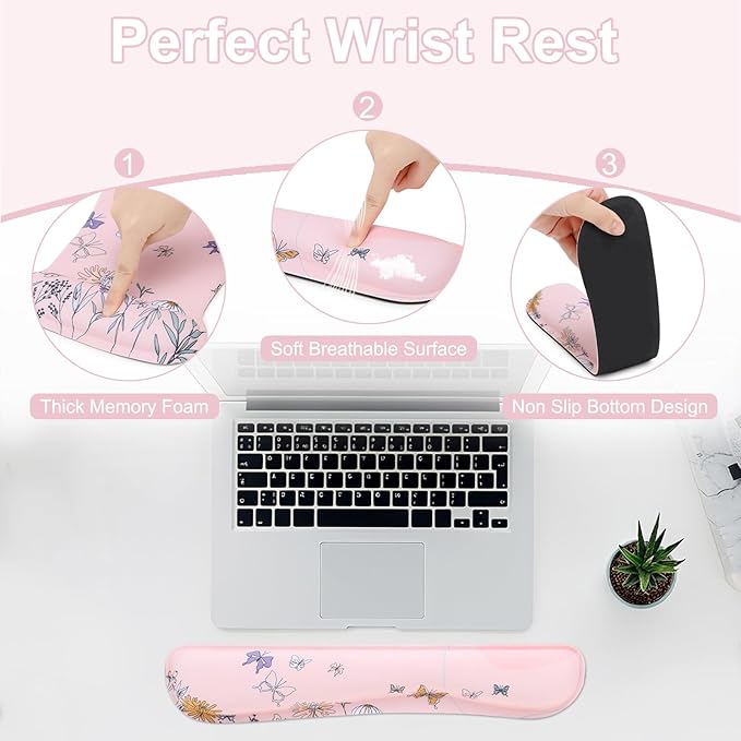 MEGREZ 4-in-1 Ergonomic Memory Foam Wrist Rest Set Desk Pad Mouse Pad with Wrist Rest Keyboard Pad Suitable for Office Workers Programmers &amp Gamers–Relieve Typing &amp Gaming Fatigue Light