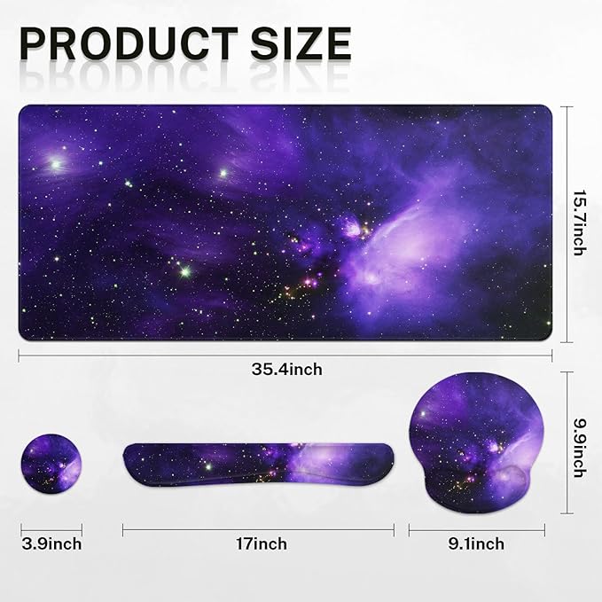 Britimes Space Galaxy Purple Keyboard Mouse Pad Set 4in1 Large Mousepad+Keyboard Wrist Rest+Mouse Wrist Rest+Coaster Ergonomic Design for Home Office Computer 35.4x15.7 inches