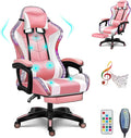 RGB Gaming Chair with Speakers Full Massage Video Game Chair with Footrest Ergonomic Office Chair PU Leather Recliner Swivel Computer Chair with Lumbar Support Headrest High Back Gamer ChairPink