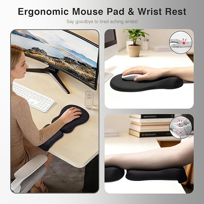 Ospelelf Mouse Pad with Wrist Rest Set Foam L-Shaped Desk Elbow Pad Ergonomic Desk Edge Cushion Anti-Slip Rubber Bottom Office Women Desk Accessories for Computer Laptop and Gaming Black