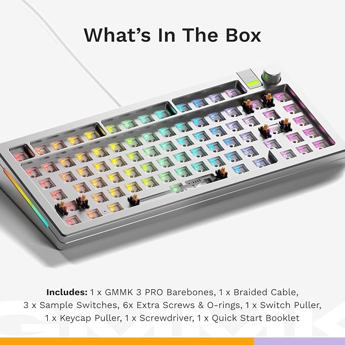 Glorious Gaming - GMMK 3 PRO Barebones Custom Keyboard Kit w/Knob Custom Modular Aluminum Body &amp Gasket System Hotswappable 75% Keyboard Sound Dampening Foam Aluminum Switch Plate(Silver)