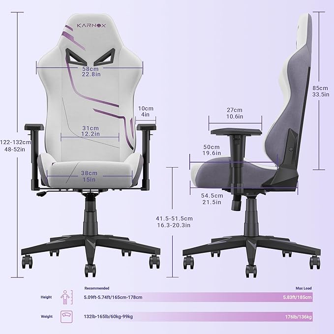 KORNOX Ergonomic Gaming Chair Fabric for AdultsOffice Chair High BackGame Chair Cloth Height Adjustable for TeensGame Chair Racing with Headrest and Lumbar Support for GirlWhite and Purple