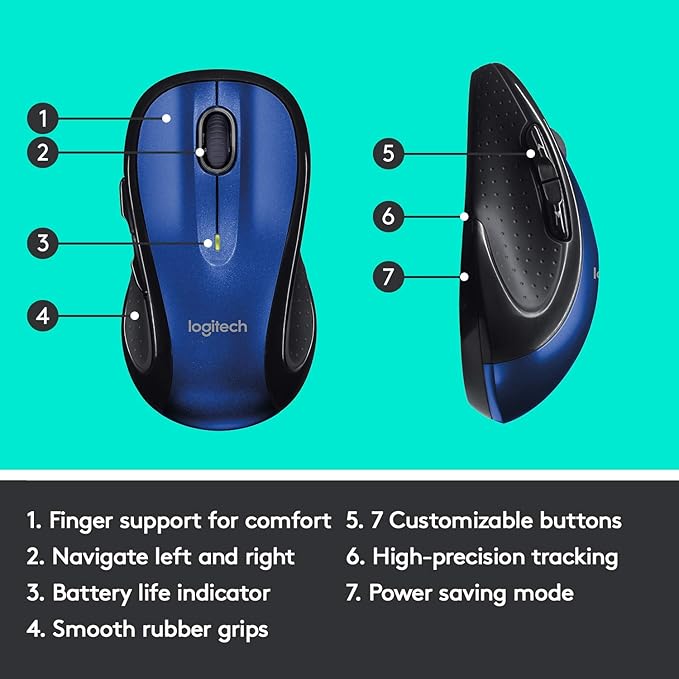 Logitech M510 Wireless Computer Mouse – Comfortable Shape with USB Unifying Receiver with Back/Forward Buttons and Side-to-Side Scrolling Blue