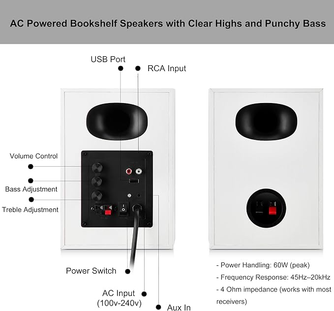 Desktop Speakers for PC Bookshelf Speakers with Clear Highs &amp Punchy Bass - 4 Woofer 80W Peak HiFi Audio for Monitor Home Theater Sound System and Computer White Pair