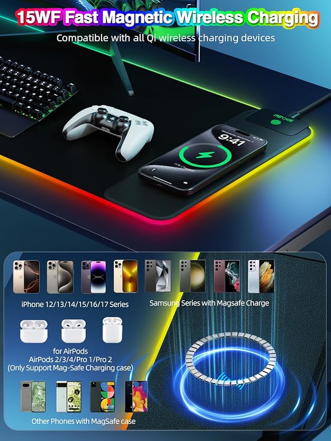 Magnetic Charging Mouse Pad 31.5x11.81 Inch XL Gaming Mousepad 11+5 RGB Lighting Modes Home Office Large Desk Pad with Ultra-Smooth Surface Non-Slip Waterproof Keyboard Pad Classic Black Desk Mat