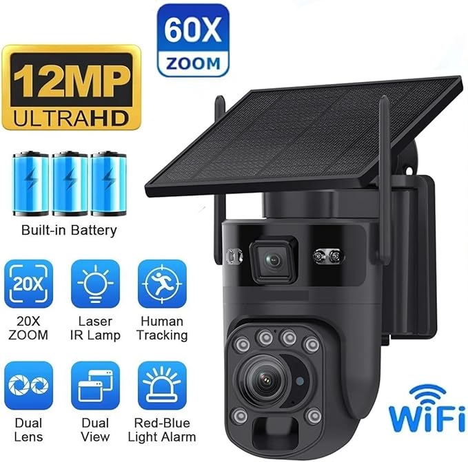4K 60X Optical Zoom 4G Solar Camera Dual Screen Outdoor WiFi PTZ PIR Detection Human Auto Tracking CCTV Cameras(Black 60X WiFi CAM)