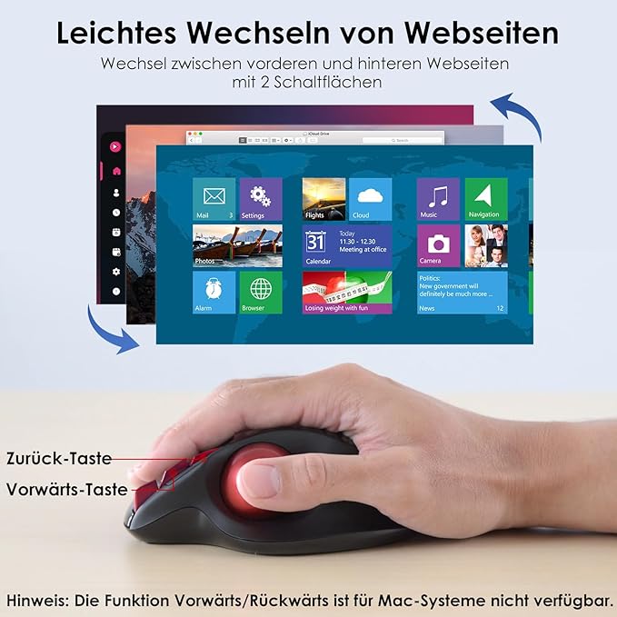 SANWA Wired Ergonomic Trackball Mouse Programmable Roller Ball Mice Tilt Scroll 400/800/1200/1600 DPI Computer trackball &amp Finger Rest Compatible with Mac Windows Laptop Chrome OS Red