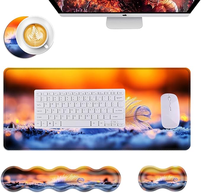 Mouse PadLarge Desk Mat Set 4in1 XL Mousepad + Keyboard Wrist Rest+Mouse Wrist Rest+Coaster with Ergonomic Desk Pad for Home Office Table Computer Cover -Feather at Sunrise