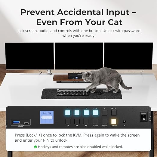 TESmart USB 3.0 HDMI+DP+USB C KVM Switch 3 Monitors 4 Computers 4K@60Hz 4 Port Triple Monitor KVM Switch MST 60W PD for Laptop 1G Ethernet EDID Emulators Hotkey Switch Rack-Ears
