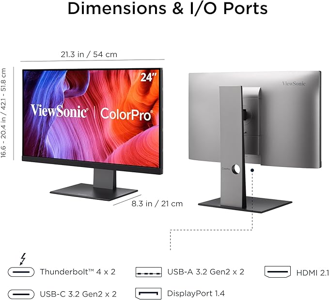 ViewSonic VP2488-4K 24 Inch 4K Mac-Ready Monitor with 100% sRGB 98% DCI-P3 Pantone Validated Advanced Ergonomics Thunderbolt 4 USB Hub HDMI and DP for Home and Office