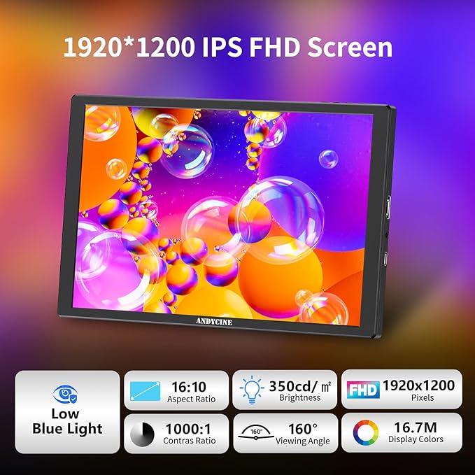 ANDYCINE N10 10.1inch 1920x1200 Touchscreen HDMI Monitor with Build-in Speakers 75mm Vesa H/V Rotation Mirror Function Support HDCP Teleprompter Monitor Compatible for for LaptopPCGame Consoles