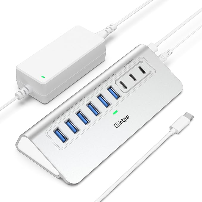 Powered USB Hub intpw 9-Port USB 3.2 Hub 10Gbps USB C Hub with USB A/USB C 3.2 4 USB 3.0 2 PD 45W Charging Port 65W Power Adapter and 3.3FT Cable Aluminum USB Hub for Laptop iPhone 17/16/15/PC