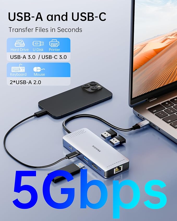 USB C Hub Ethernet 9 in 1 USB-C to Ethernet Multiport Adapter Dongle with HDMI 4K@60Hz 100W PD Charging Gigabit RJ45 SD/TF Card Reader USB A&ampC 3.0 USBC Dock for MacBook Dell Lenovo HP