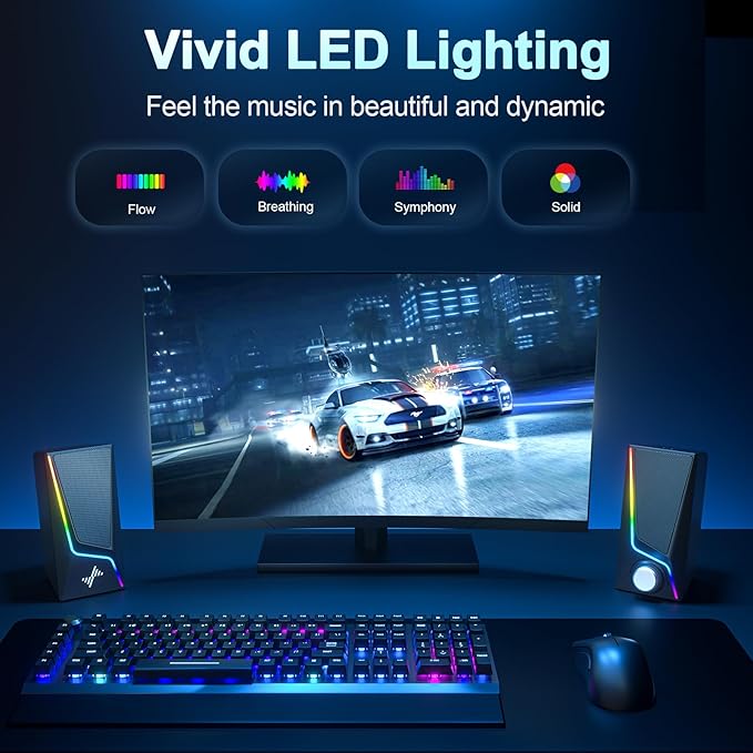 Nylavee Computer Speakers with Subwoofer 2.1 PC Speakers System with 8 Lighting Modes 60W Peak Power AC Adapter Powered Bluetooth 5.4 USB/USB-C and 3.5mm Aux in for Desktop Monitor Gaming