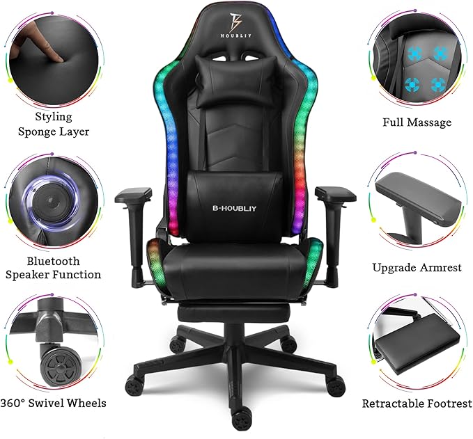 Gaming Chair with RGB Lights and Speakers Massage Office Chair Ergonomic Racing Computer Chair PU Leather Swivel Recliner Chair with Lumbar Support Headrest 4D Armrest and FootrestRed