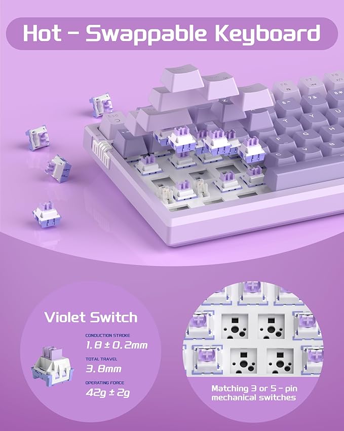 MageGee SKY98 Wireless Gasket Mechanical Gaming Keyboard 96% Hot Swappable RGB Custom Creamy Keyboard with 5-Layer Sound Padding BT/2.4G/USB-C NKRO for Win/Mac (Lavender Violet Switch)