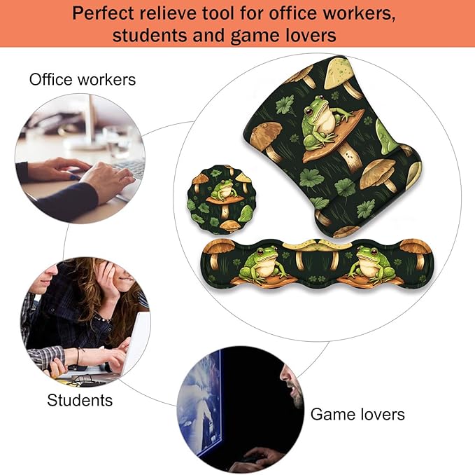 Ergonomic Keyboard Wrist Support Pad and Wrist Support Mouse Pad Anti-Slip with Gel Memory Mouse Pad Set Suitable for Office Use/Home Use - Adorable Frog Mushrooms