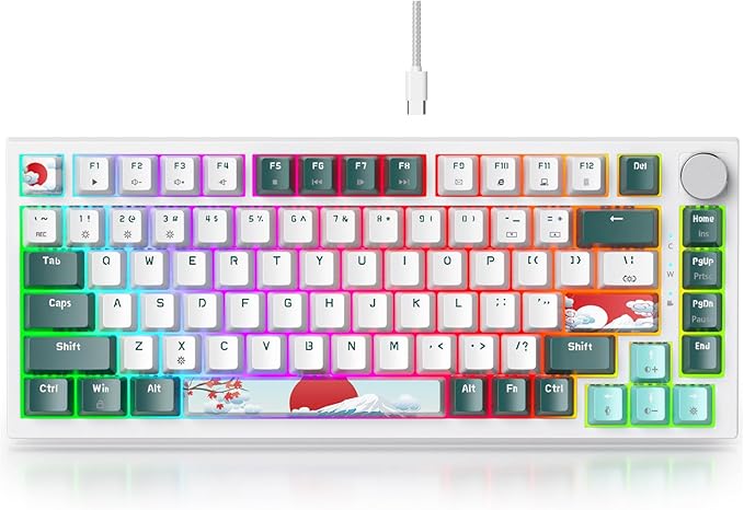 Fogruaden Wired 75% Percent Hot Swappable Mechanical Keyboard Red Switch TKL Mechanical Keyboard Gasket Mount RGB Backlit Compact Gaming Keyboard with Volume Knob(Forest)