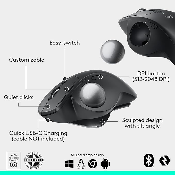Logitech MX Ergo S Advanced Wireless Trackball Mouse USB-C Rechargeable Wireless Ergonomic Mouse with Bluetooth and Encrypted Dongle 6 Programmable Buttons for PC/Mac - Graphite (Renewed)