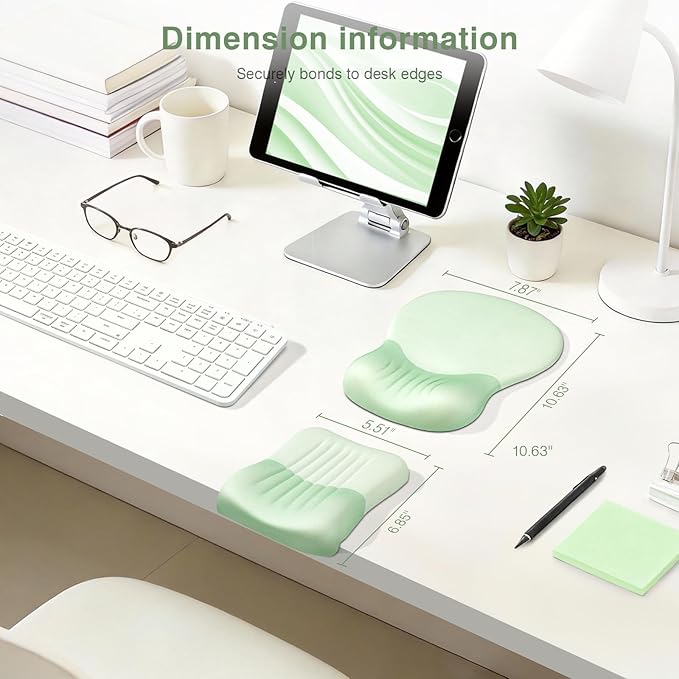 Ospelelf Mouse Pad with Wrist Rest Set Foam L-Shaped Desk Elbow Pad Ergonomic Desk Edge Cushion Anti-Slip Rubber Bottom Office Women Desk Accessories for Computer Laptop and Gaming Light Green
