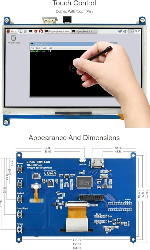 7inch Resistive Touch Screen LCD for Raspberry Pi 4B/3B+/3A+/Zero/Zero W/WH/Zero 2W CM3+/4 1024×600 Resolution HDMI IPS for Windows 11/10 / 8.1/8 / 7 (7inch HDMI LCD)