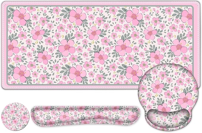 Floral Desk Mat 4in1 Large Mouse Pad with Wrist Rest Cute Desk Matt for Desktop Deskpad Mat Anti-Slip XXL Computer Ergonomic Mousepad with Wrist Support for Keyboard and Mouse I Pink Flowers