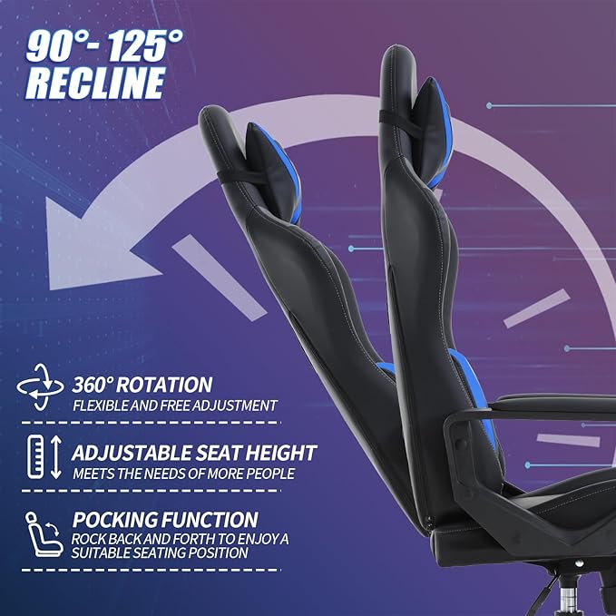 Gaming Chair Computer Racing Chair Ergonomic Office Chair Video Game Chairs for Adult Kids Teen Height Adjustable Reclining Chair with Lumbar Support Armrest Headrest Swivel Chair Game Chair Blue