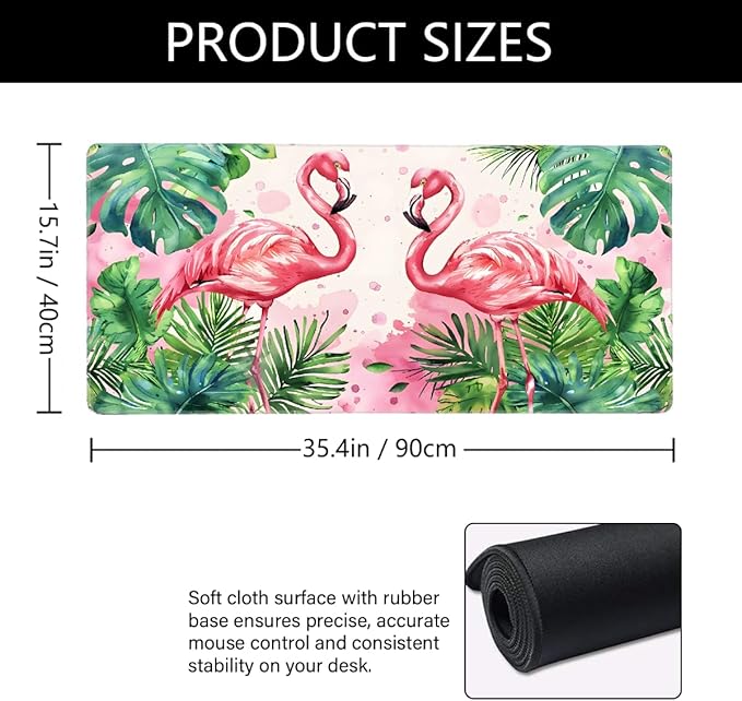 Pink Flamingo Leaf Large Mouse Pad Gaming Mousepad Desk Mat for Desktop Computer Keyboard Waterproof Mouse Mat Desk Pad with Non-Slip Base for Game School Office Home 35.4 x 15.7