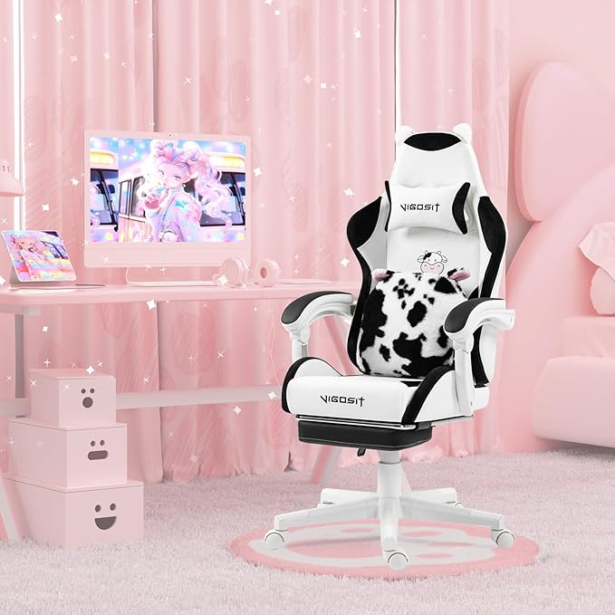 Cute Gaming Chair with Cat Paw Lumbar Cushion and Cat Ears Kawaii Pink Computer Chair with Footrest Ergonomic PC Video Anime Gaming Chairs Recliner for Kids Girls Teens (Black&ampWhite)