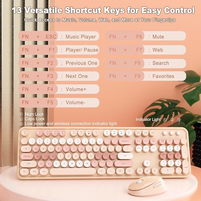 HotFox Wireless Keyboard and Mouse Combo Full-Size Retro Typewriter Keyboard with Round Keycaps Ergonomic Design for Windows PC Home and Office Use -Brown